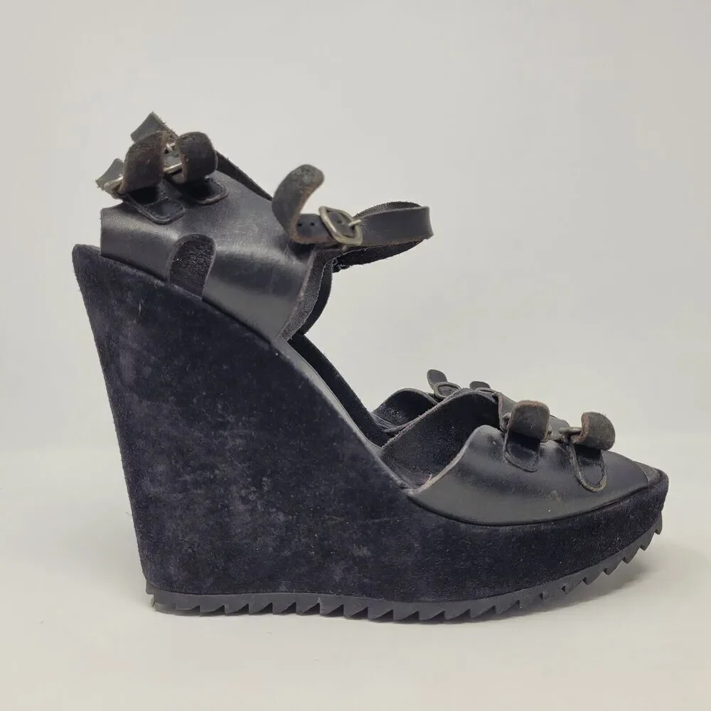 Pedro Garcia Sandals Womens US 8.5 Black Leather Wedge Boho Biker Rocker Buckles
